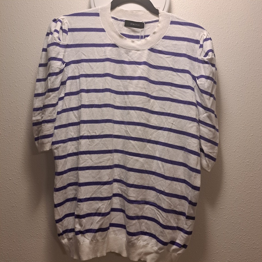 Dokotoo Womens Purple White Striped Puff Sleeve Knit Sweater Top Size 2XL NWT